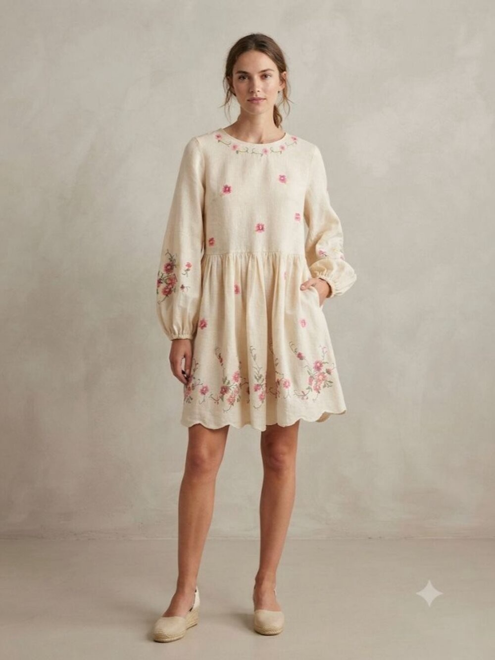 Caroline Constas Floral Embroidered Babydoll Dress Cream Pink XS NWT $405